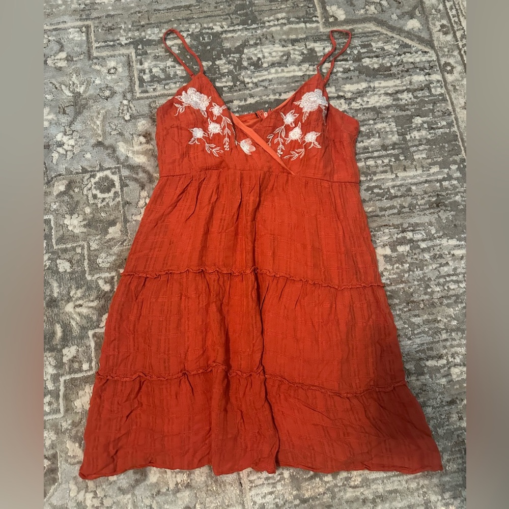 Orange Sleeveless Dress with White Floral Embroidery